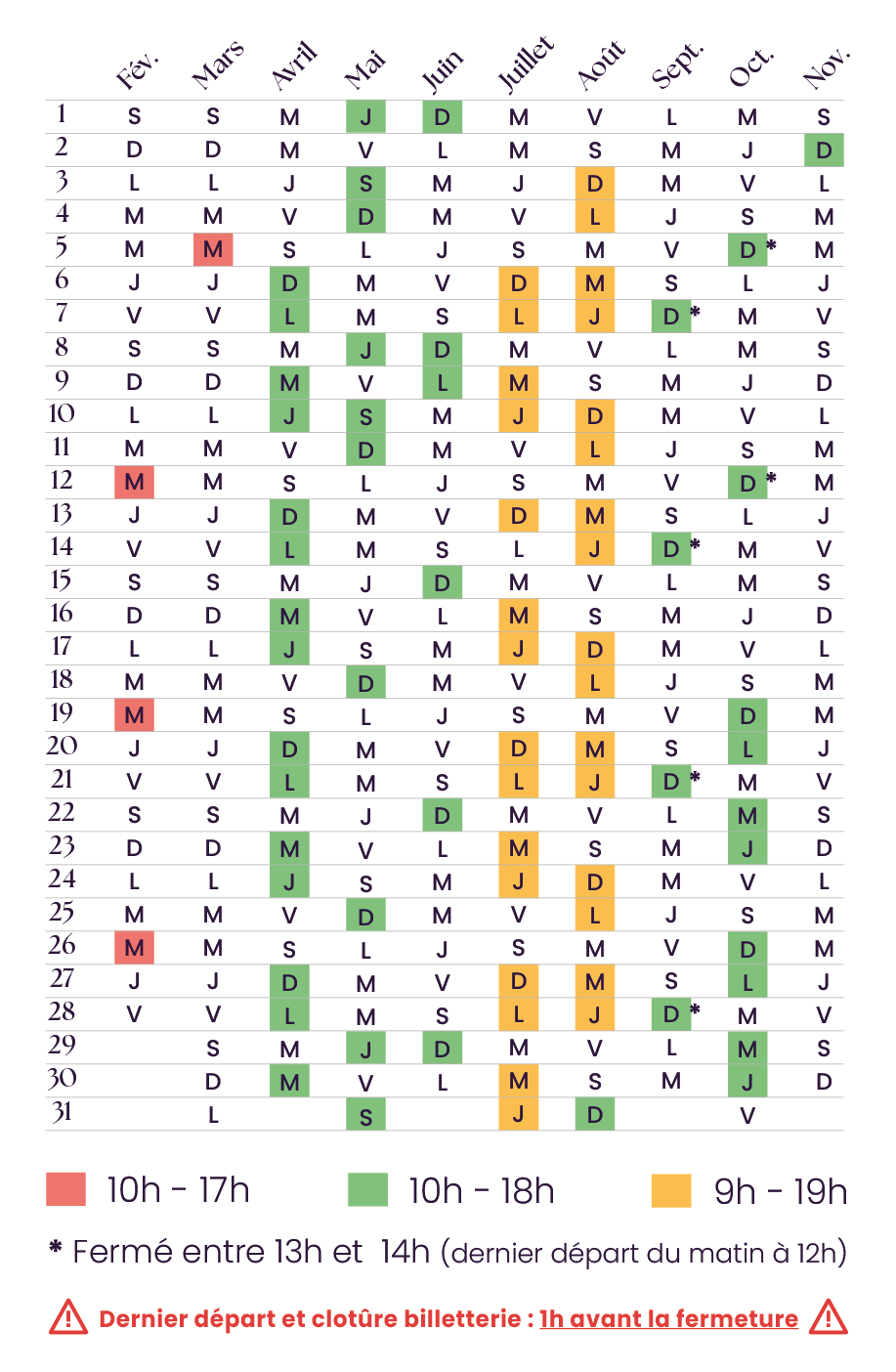 Calendrier de la visite Grotte des Lumières 2025