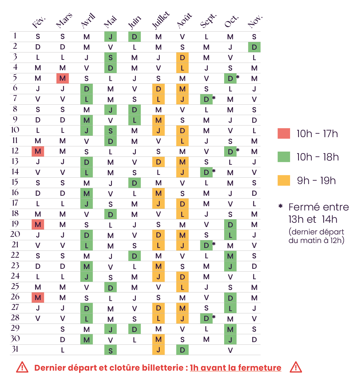 Jours de la visite Grotte des Lumières 2025